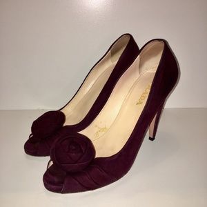 Prada Burgundy Suede Peep Toe Pump with Flower